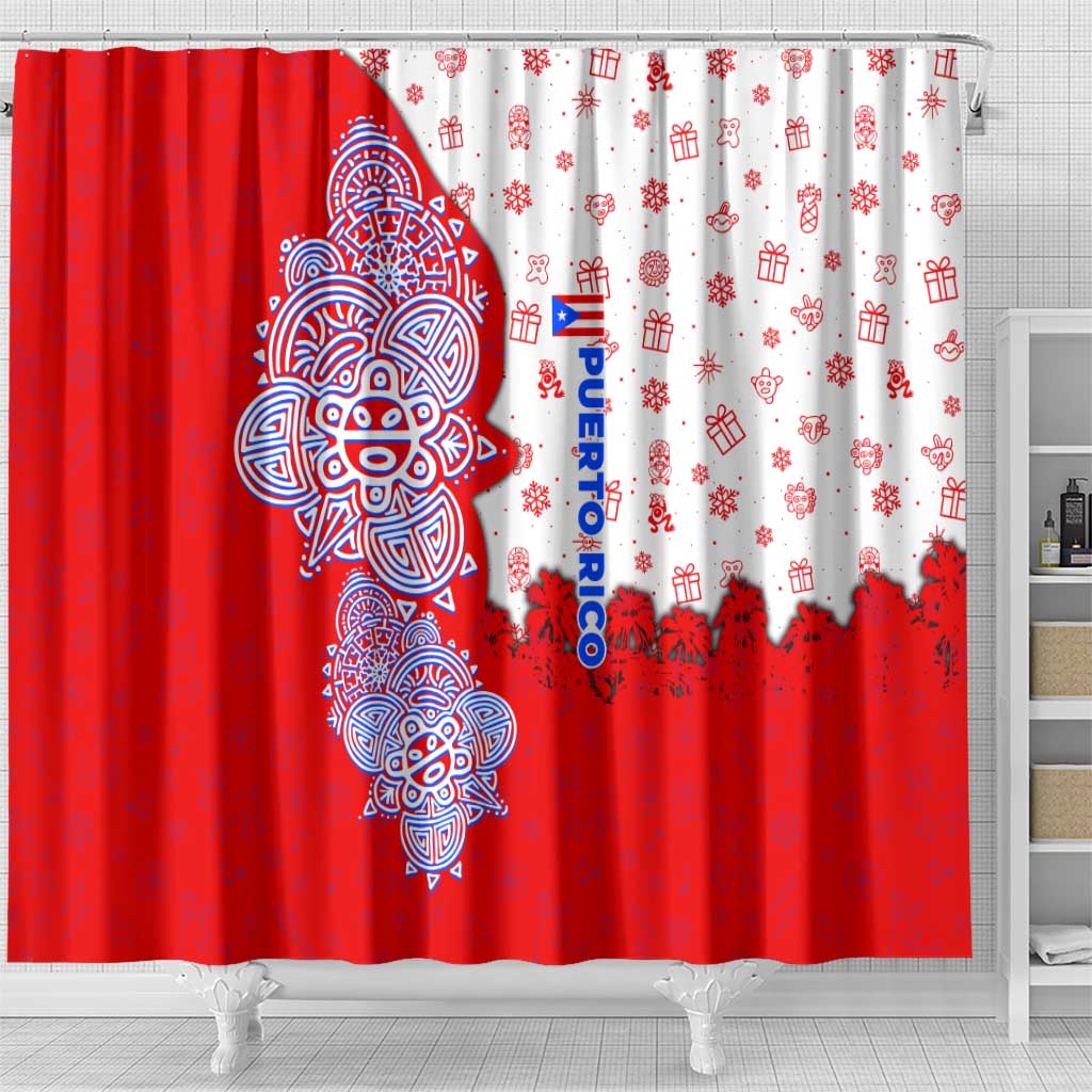Puerto Rico Christmas Shower Curtain with Taino Symbols Palm Tree Bongos and Holiday Pattern Design - Wonder Print Shop