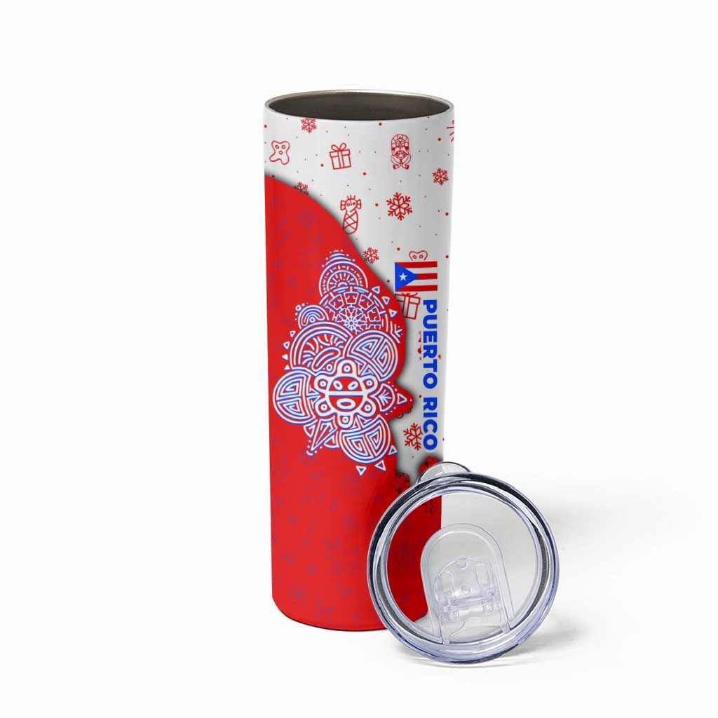 Puerto Rico Christmas Skinny Tumbler with Taino Symbols Palm Tree Bongos and Holiday Pattern Design - Wonder Print Shop