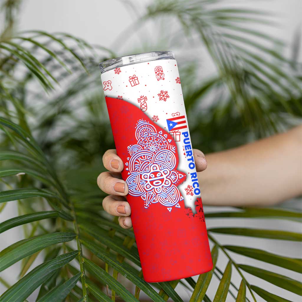 Puerto Rico Christmas Skinny Tumbler with Taino Symbols Palm Tree Bongos and Holiday Pattern Design - Wonder Print Shop