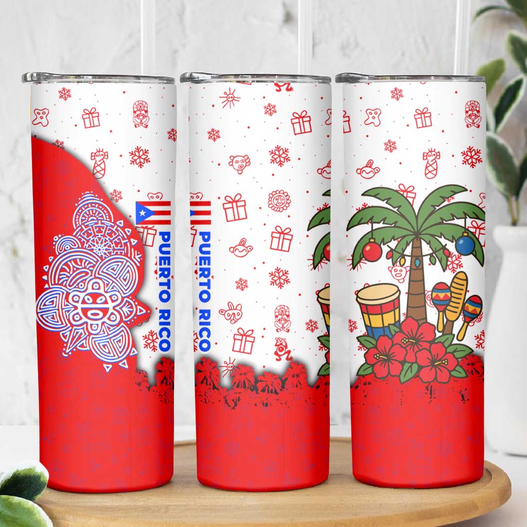 Puerto Rico Christmas Skinny Tumbler with Taino Symbols Palm Tree Bongos and Holiday Pattern Design - Wonder Print Shop
