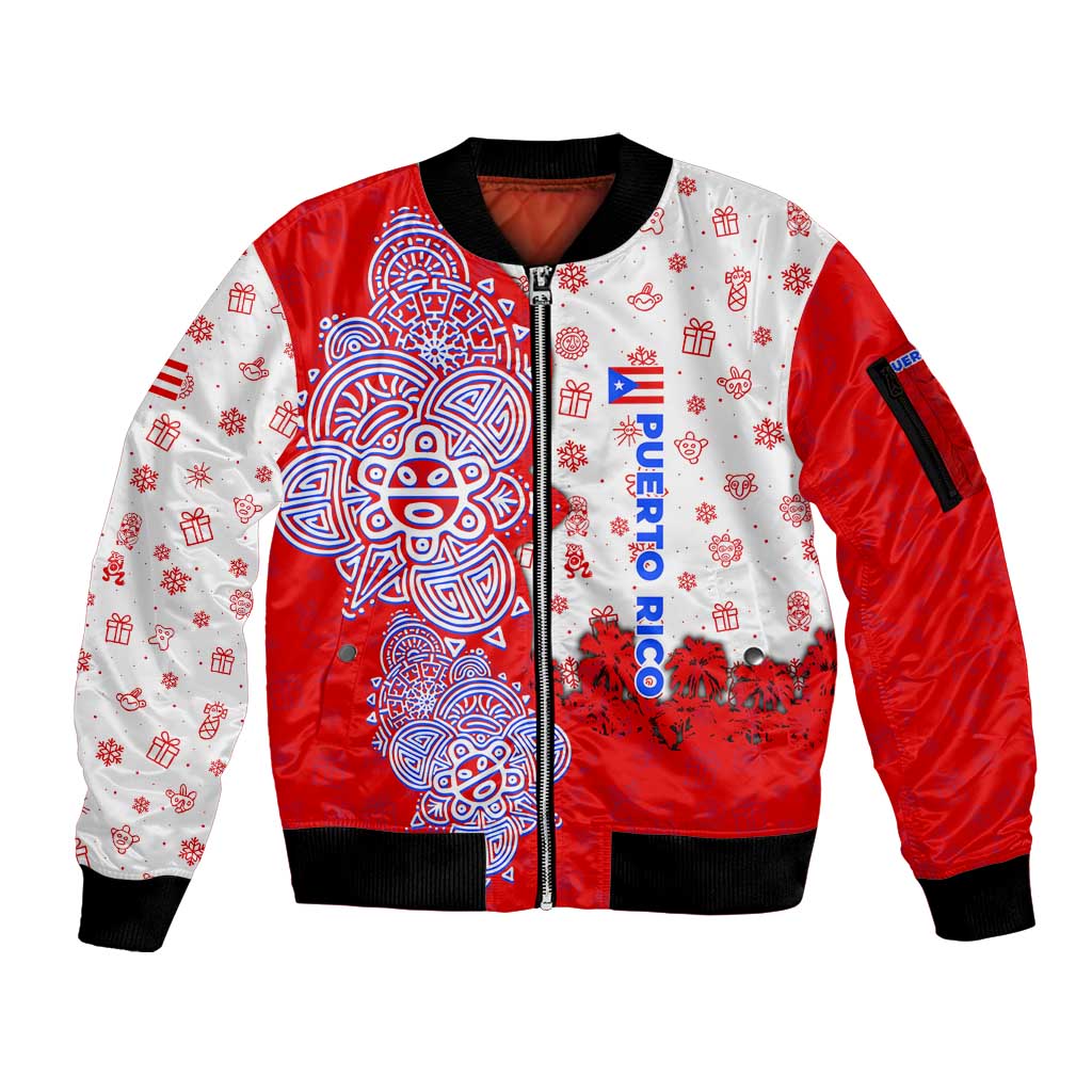 Puerto Rico Christmas Sleeve Zip Bomber Jacket with Taino Symbols Palm Tree Bongos and Holiday Pattern Design - Wonder Print Shop