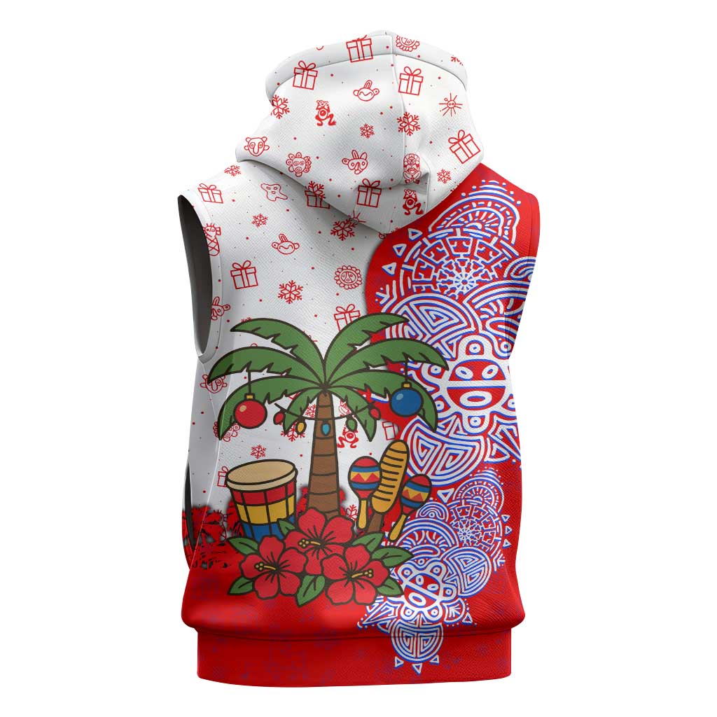 Puerto Rico Christmas Sleeveless Hoodie with Taino Symbols Palm Tree Bongos and Holiday Pattern Design - Wonder Print Shop
