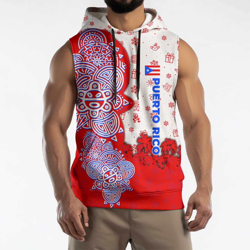 Puerto Rico Christmas Sleeveless Hoodie with Taino Symbols Palm Tree Bongos and Holiday Pattern Design - Wonder Print Shop