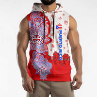 Puerto Rico Christmas Sleeveless Hoodie with Taino Symbols Palm Tree Bongos and Holiday Pattern Design - Wonder Print Shop