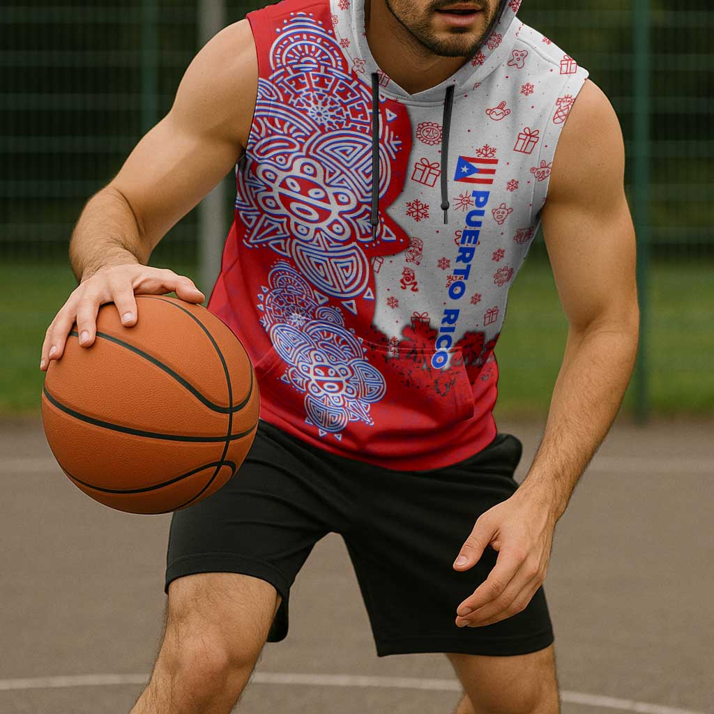 Puerto Rico Christmas Sleeveless Hoodie with Taino Symbols Palm Tree Bongos and Holiday Pattern Design - Wonder Print Shop