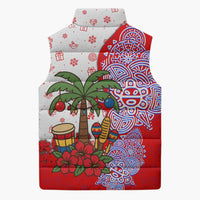 Puerto Rico Christmas Sleeveless Puffer Jacket with Taino Symbols Palm Tree Bongos and Holiday Pattern Design - Wonder Print Shop
