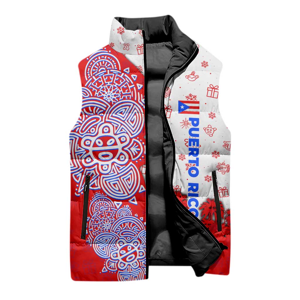 Puerto Rico Christmas Sleeveless Puffer Jacket with Taino Symbols Palm Tree Bongos and Holiday Pattern Design - Wonder Print Shop