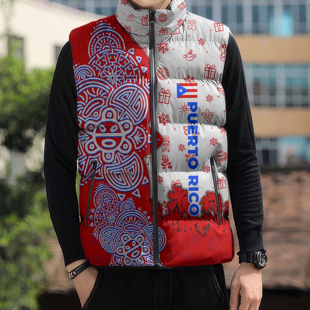 Puerto Rico Christmas Sleeveless Puffer Jacket with Taino Symbols Palm Tree Bongos and Holiday Pattern Design - Wonder Print Shop
