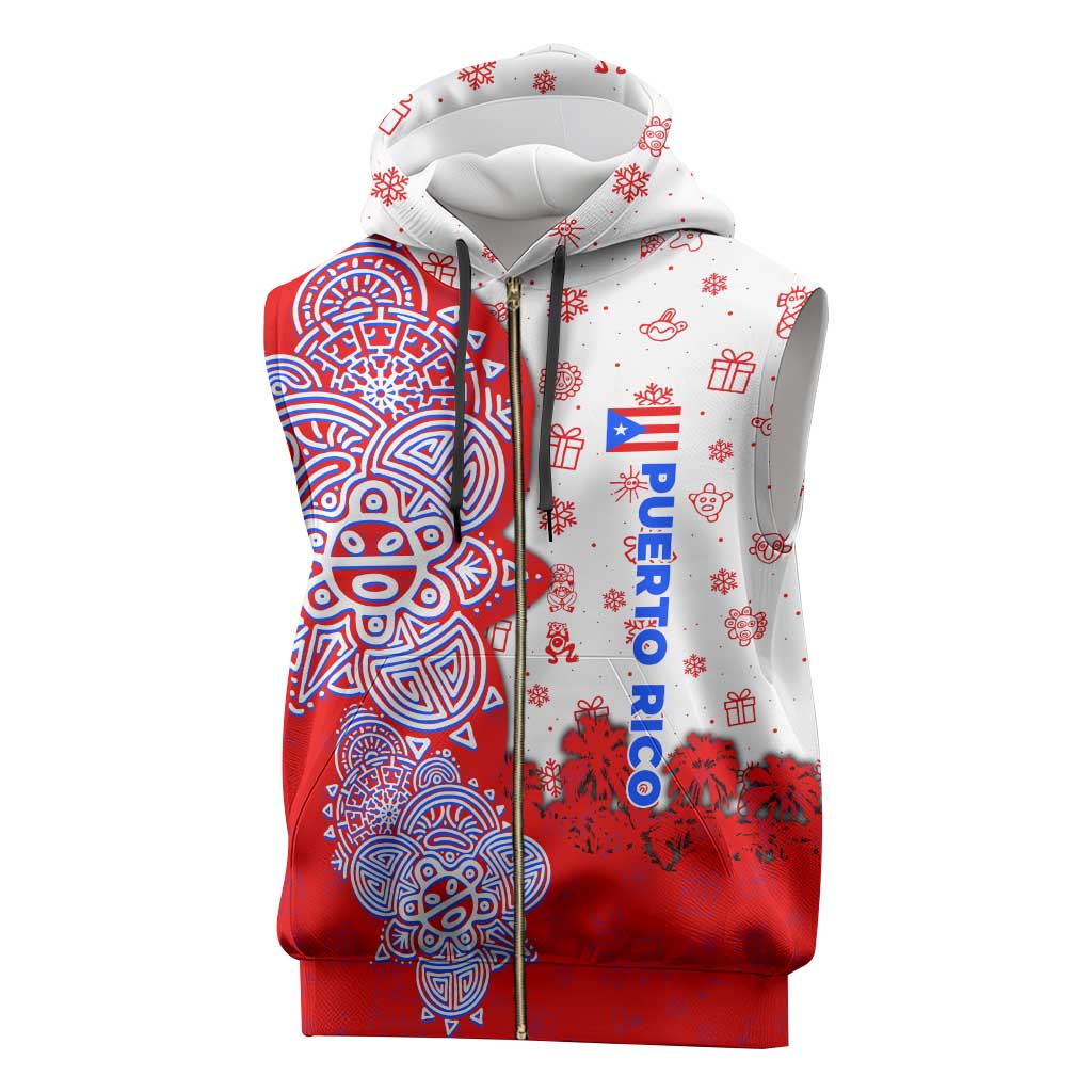 Puerto Rico Christmas Sleeveless Zip Hoodie with Taino Symbols Palm Tree Bongos and Holiday Pattern Design - Wonder Print Shop