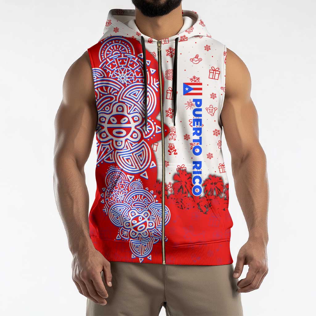 Puerto Rico Christmas Sleeveless Zip Hoodie with Taino Symbols Palm Tree Bongos and Holiday Pattern Design - Wonder Print Shop