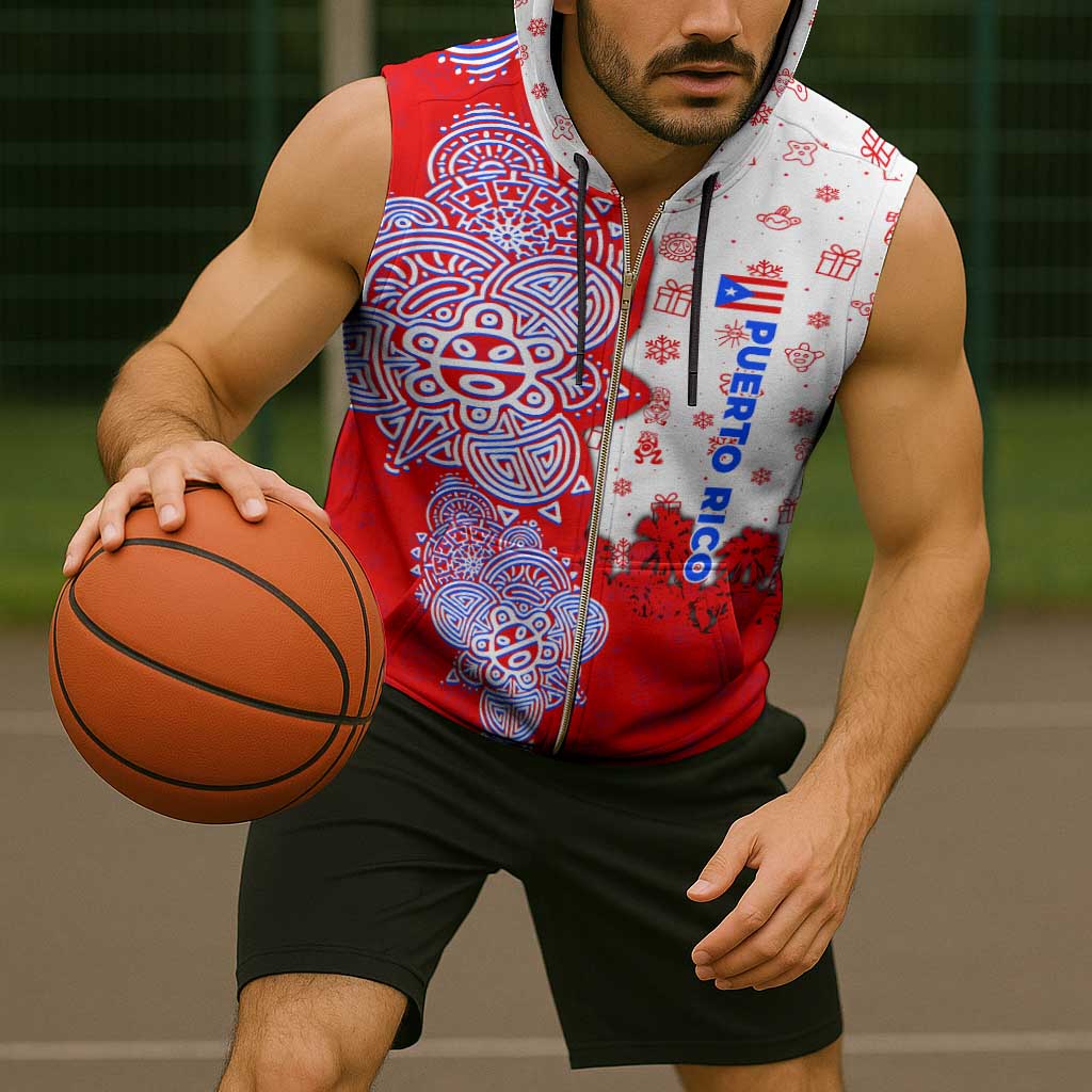 Puerto Rico Christmas Sleeveless Zip Hoodie with Taino Symbols Palm Tree Bongos and Holiday Pattern Design - Wonder Print Shop