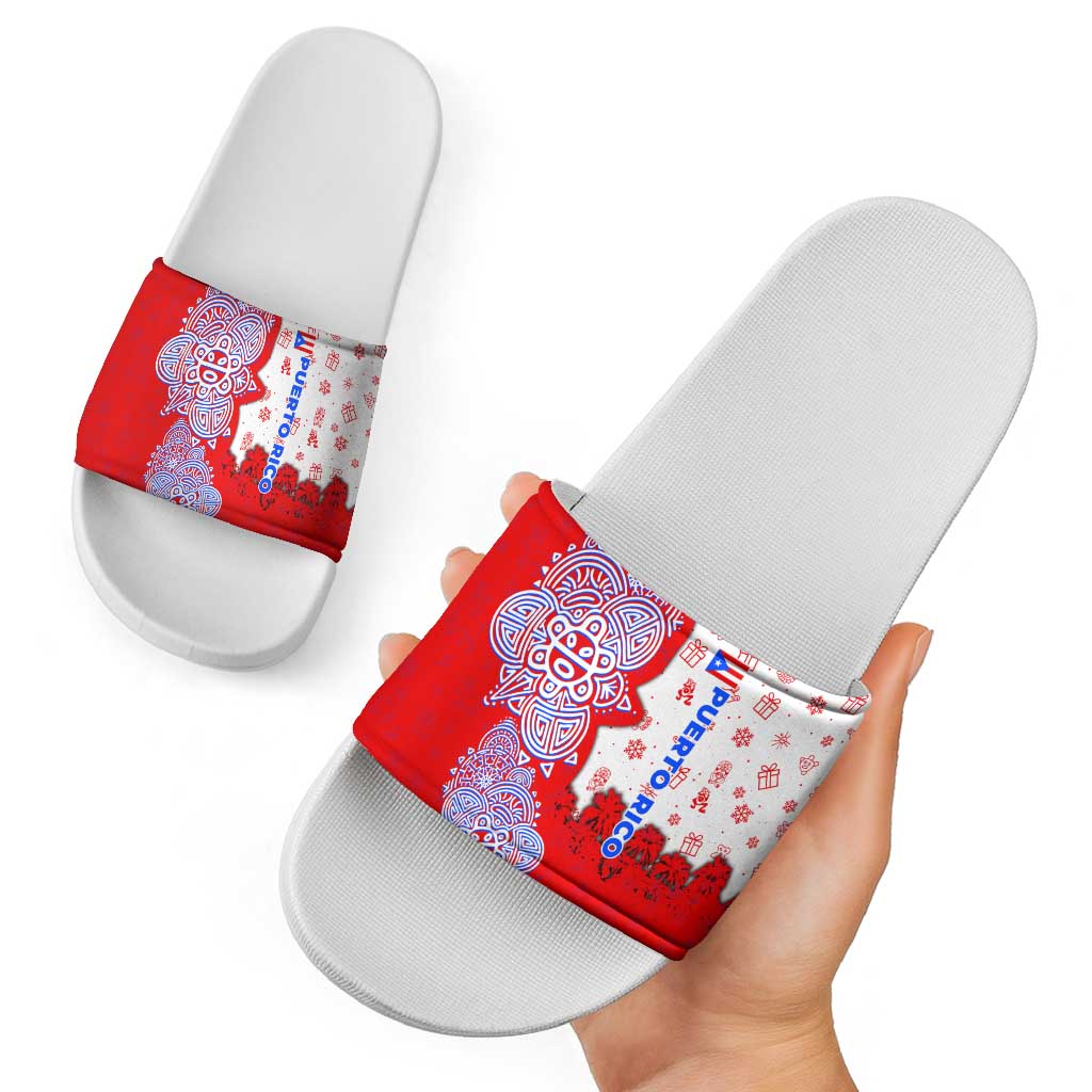 Puerto Rico Christmas Slide Sandals with Taino Symbols Palm Tree Bongos and Holiday Pattern Design - Wonder Print Shop