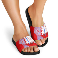Puerto Rico Christmas Slide Sandals with Taino Symbols Palm Tree Bongos and Holiday Pattern Design - Wonder Print Shop