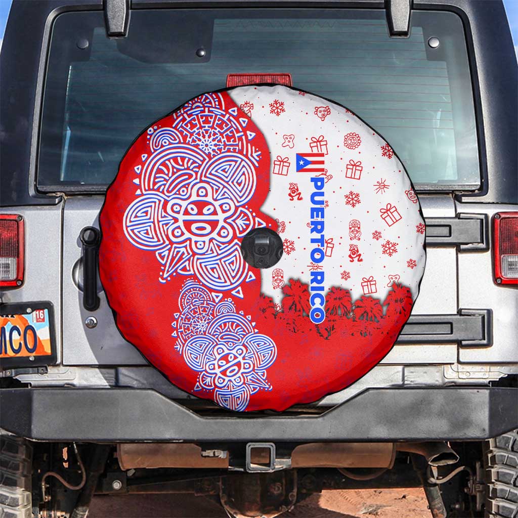 Puerto Rico Christmas Spare Tire Cover with Taino Symbols Palm Tree Bongos and Holiday Pattern Design - Wonder Print Shop
