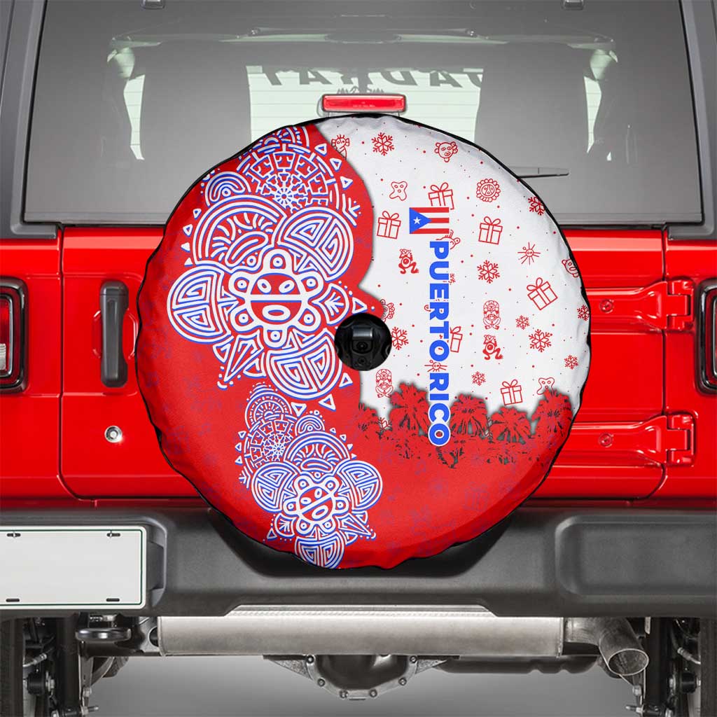 Puerto Rico Christmas Spare Tire Cover with Taino Symbols Palm Tree Bongos and Holiday Pattern Design - Wonder Print Shop