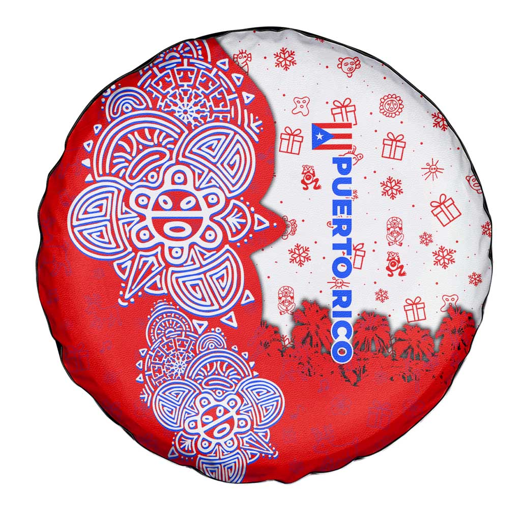 Puerto Rico Christmas Spare Tire Cover with Taino Symbols Palm Tree Bongos and Holiday Pattern Design - Wonder Print Shop