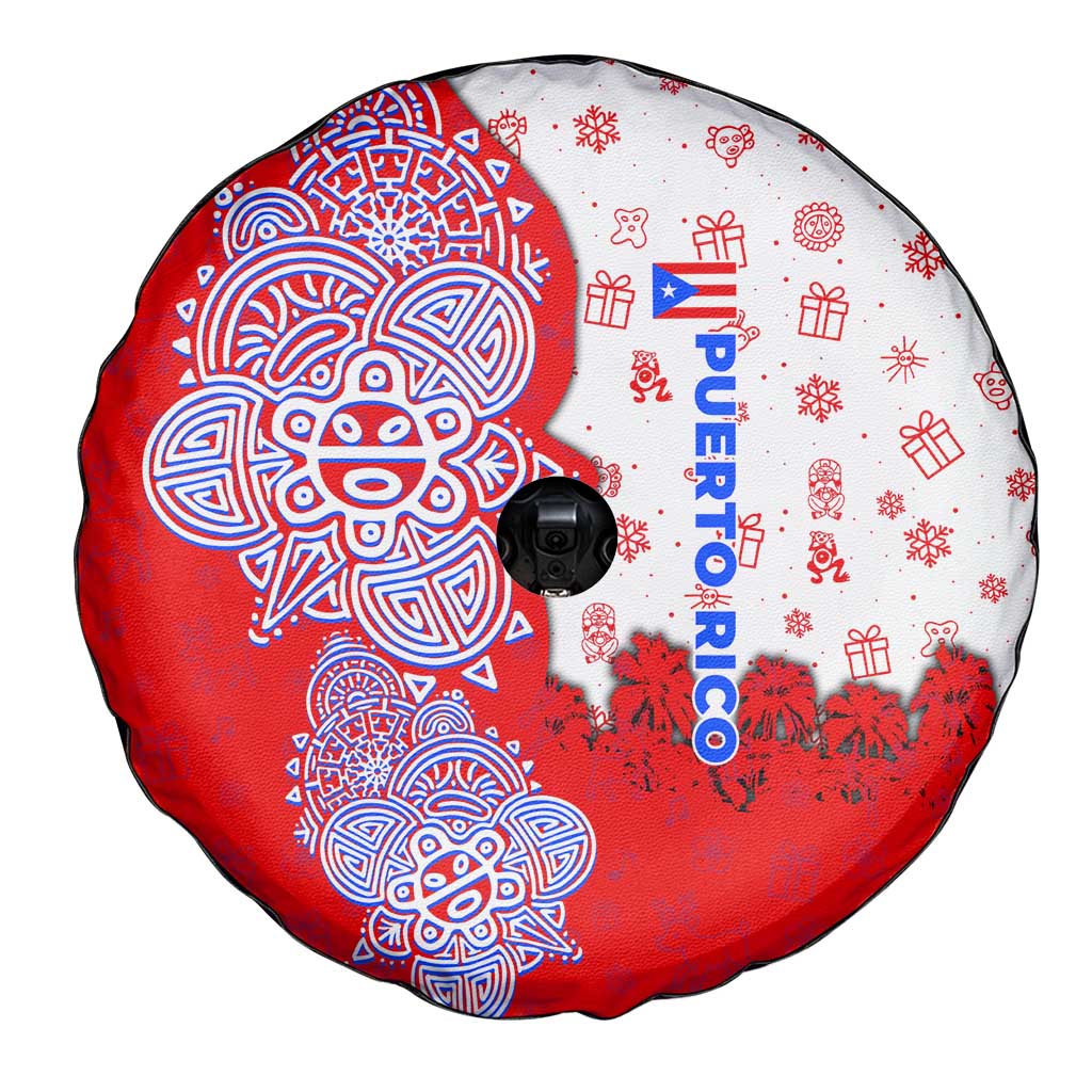 Puerto Rico Christmas Spare Tire Cover with Taino Symbols Palm Tree Bongos and Holiday Pattern Design - Wonder Print Shop