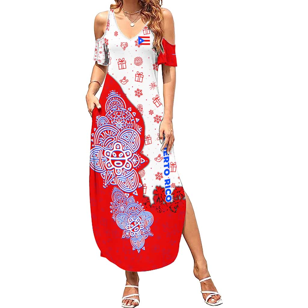 Puerto Rico Christmas Summer Maxi Dress with Taino Symbols Palm Tree Bongos and Holiday Pattern Design - Wonder Print Shop