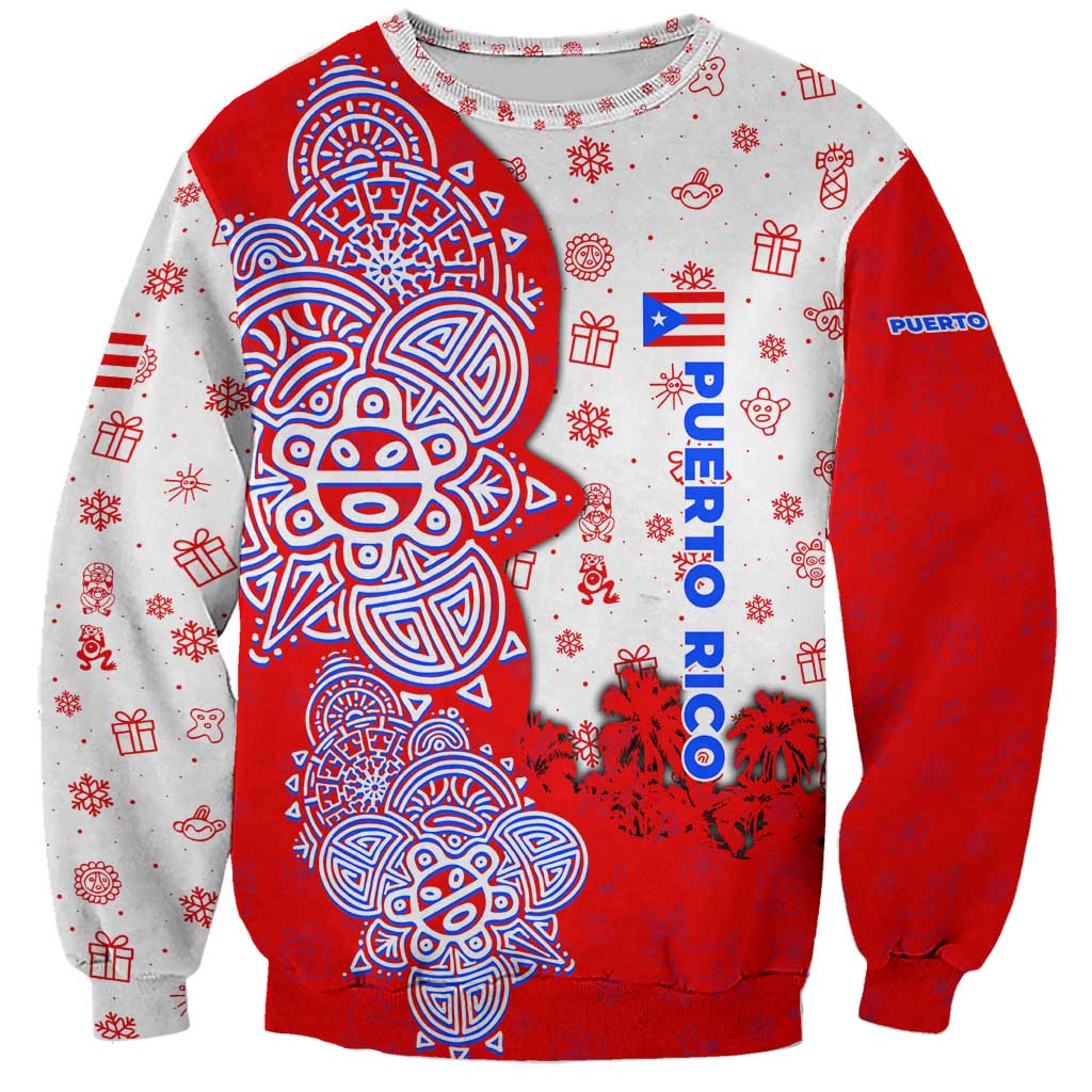 Puerto Rico Christmas Sweatshirt with Taino Symbols Palm Tree Bongos and Holiday Pattern Design - Wonder Print Shop