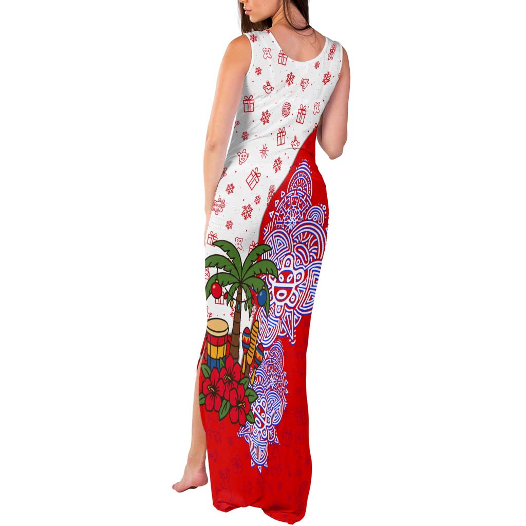 Puerto Rico Christmas Tank Maxi Dress with Taino Symbols Palm Tree Bongos and Holiday Pattern Design - Wonder Print Shop