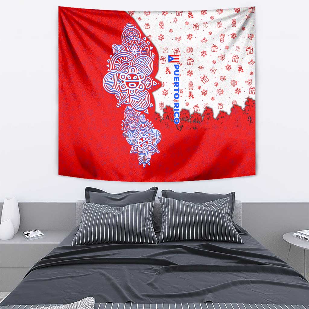 Puerto Rico Christmas Tapestry with Taino Symbols Palm Tree Bongos and Holiday Pattern Design - Wonder Print Shop