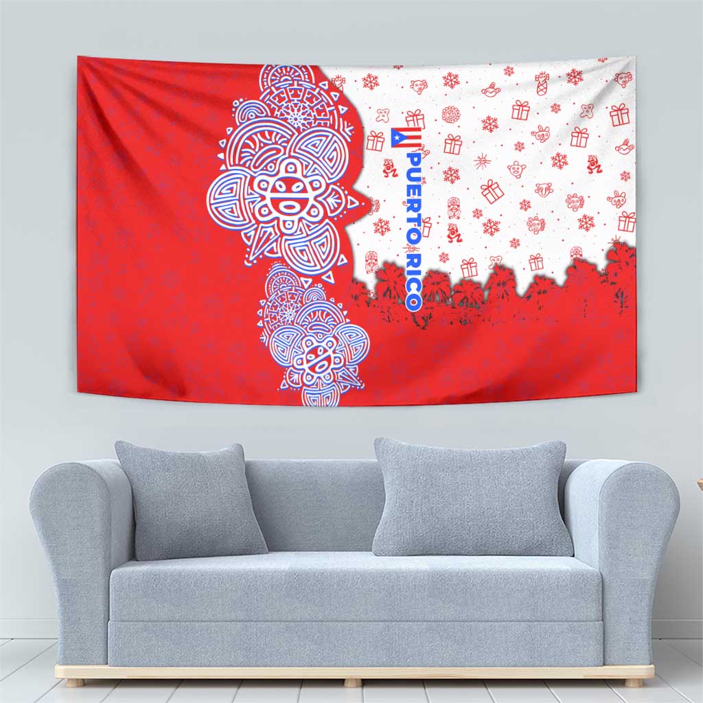 Puerto Rico Christmas Tapestry with Taino Symbols Palm Tree Bongos and Holiday Pattern Design - Wonder Print Shop