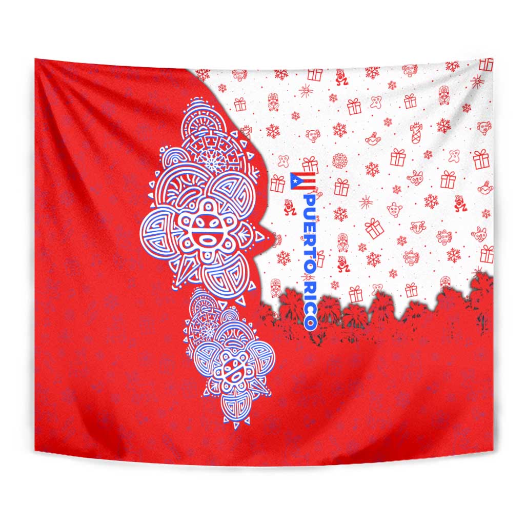 Puerto Rico Christmas Tapestry with Taino Symbols Palm Tree Bongos and Holiday Pattern Design - Wonder Print Shop