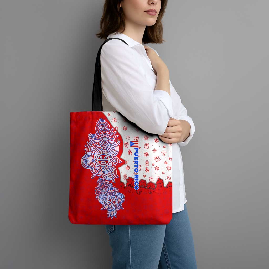 Puerto Rico Christmas Tote Bag with Taino Symbols Palm Tree Bongos and Holiday Pattern Design - Wonder Print Shop