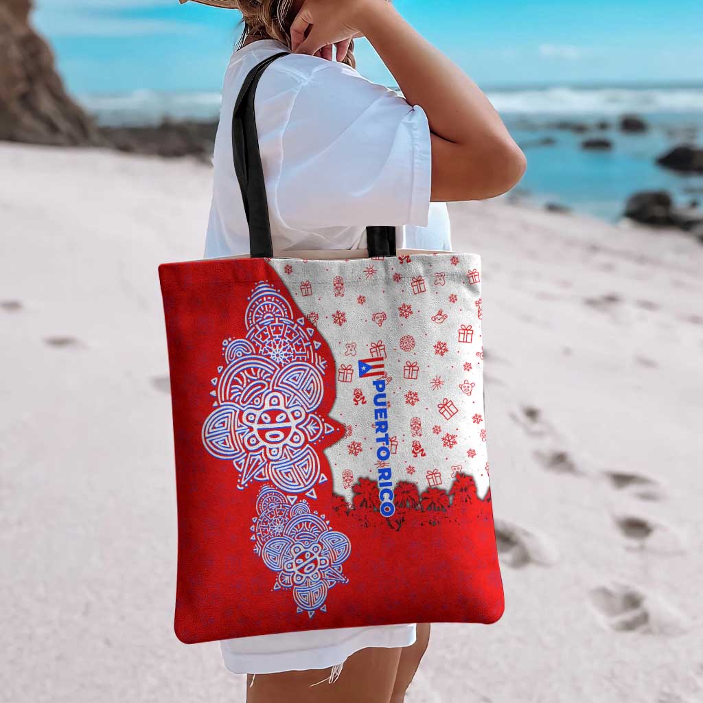 Puerto Rico Christmas Tote Bag with Taino Symbols Palm Tree Bongos and Holiday Pattern Design - Wonder Print Shop