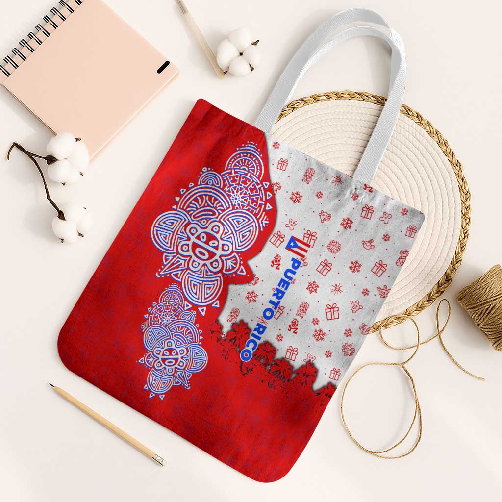 Puerto Rico Christmas Tote Bag with Taino Symbols Palm Tree Bongos and Holiday Pattern Design - Wonder Print Shop