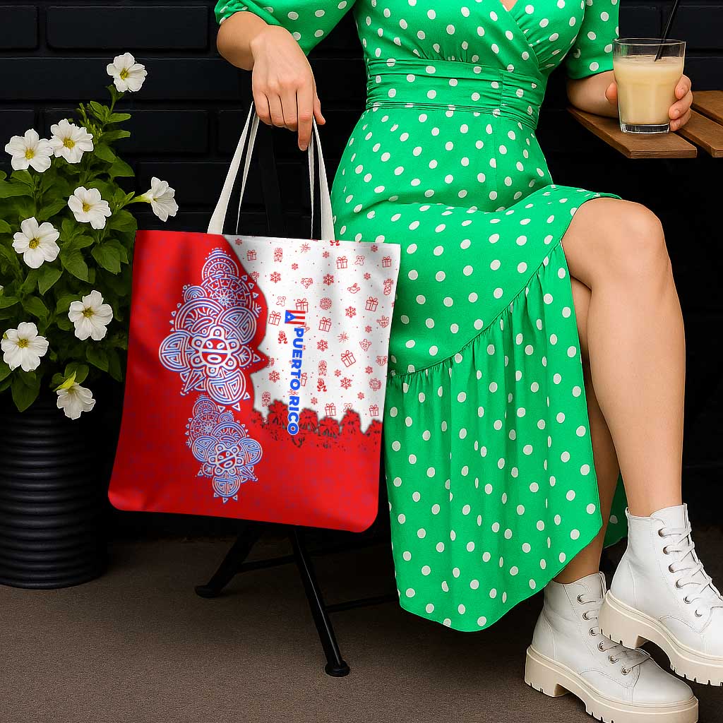 Puerto Rico Christmas Tote Bag with Taino Symbols Palm Tree Bongos and Holiday Pattern Design - Wonder Print Shop