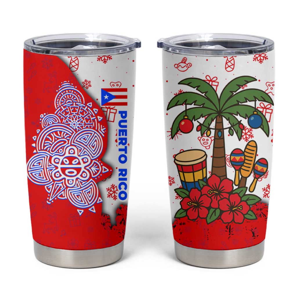 Puerto Rico Christmas Tumbler Cup with Taino Symbols Palm Tree Bongos and Holiday Pattern Design - Wonder Print Shop