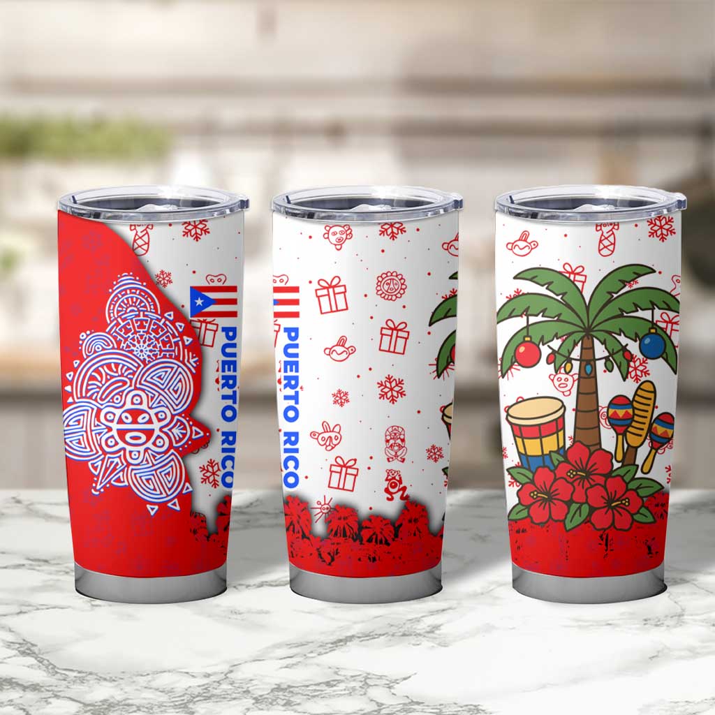 Puerto Rico Christmas Tumbler Cup with Taino Symbols Palm Tree Bongos and Holiday Pattern Design - Wonder Print Shop