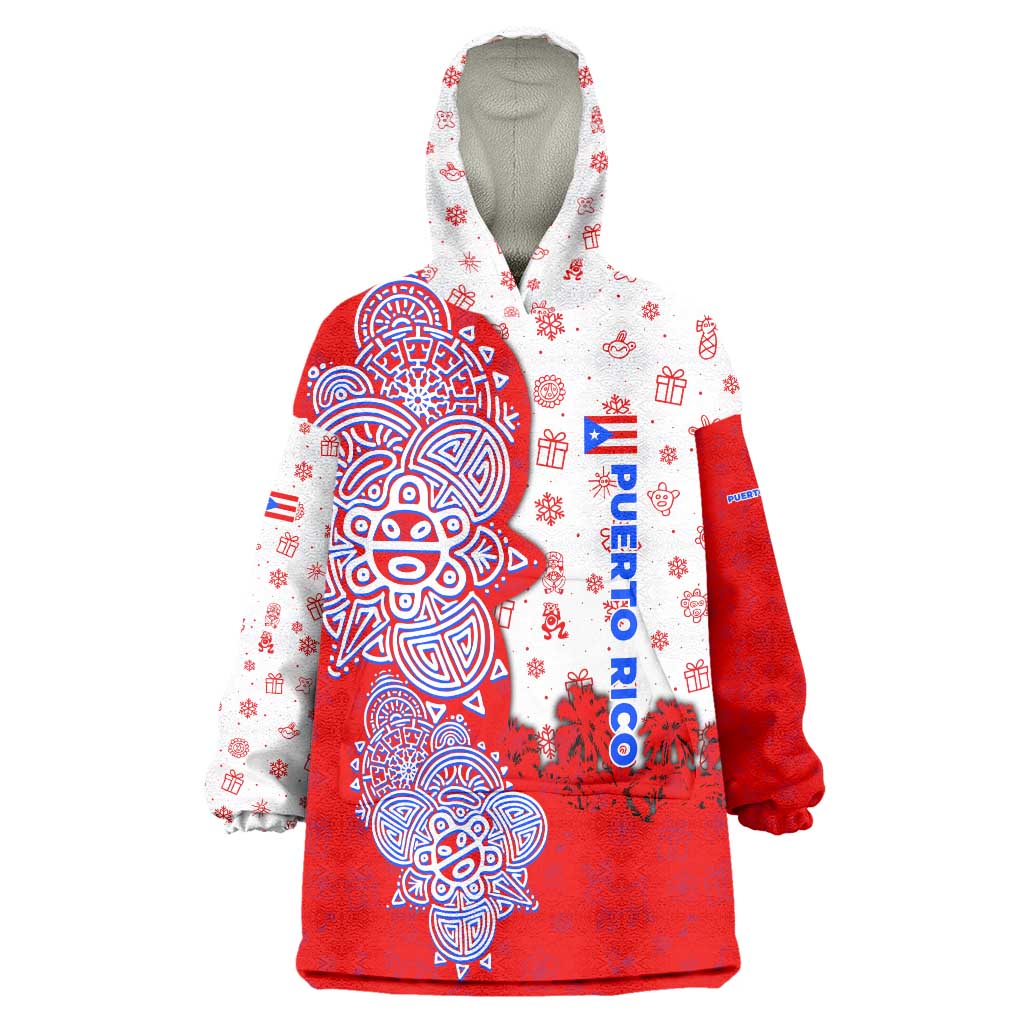 Puerto Rico Christmas Wearable Blanket Hoodie with Taino Symbols Palm Tree Bongos and Holiday Pattern Design - Wonder Print Shop