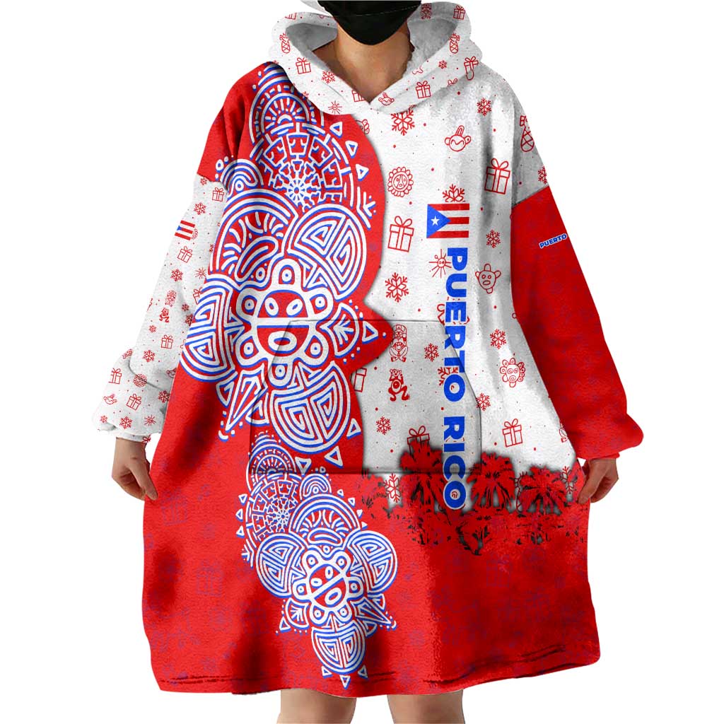 Puerto Rico Christmas Wearable Blanket Hoodie with Taino Symbols Palm Tree Bongos and Holiday Pattern Design - Wonder Print Shop