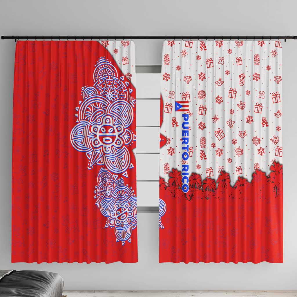 Puerto Rico Christmas Window Curtain with Taino Symbols Palm Tree Bongos and Holiday Pattern Design - Wonder Print Shop