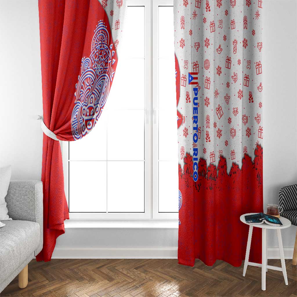 Puerto Rico Christmas Window Curtain with Taino Symbols Palm Tree Bongos and Holiday Pattern Design - Wonder Print Shop