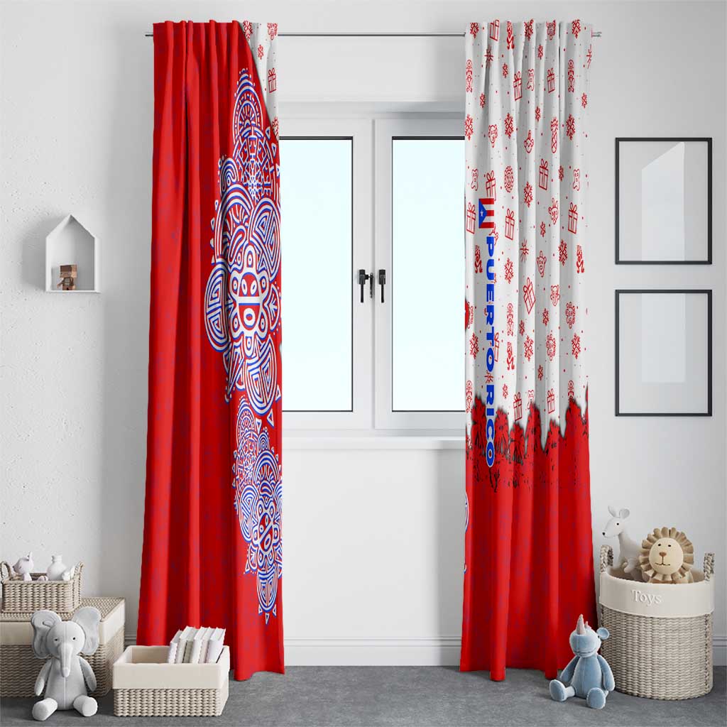 Puerto Rico Christmas Window Curtain with Taino Symbols Palm Tree Bongos and Holiday Pattern Design - Wonder Print Shop