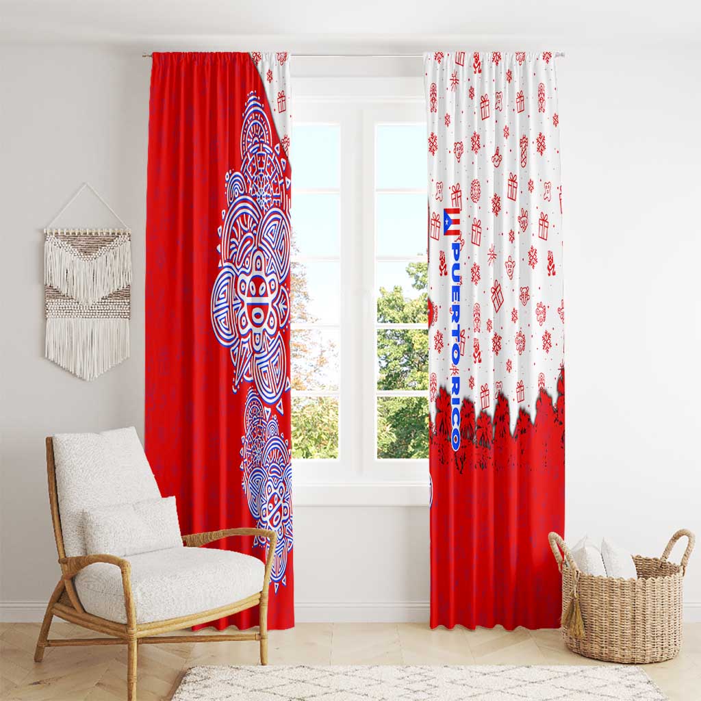 Puerto Rico Christmas Window Curtain with Taino Symbols Palm Tree Bongos and Holiday Pattern Design - Wonder Print Shop