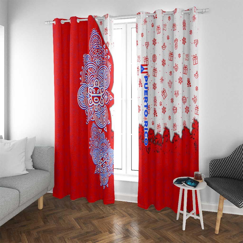 Puerto Rico Christmas Window Curtain with Taino Symbols Palm Tree Bongos and Holiday Pattern Design - Wonder Print Shop