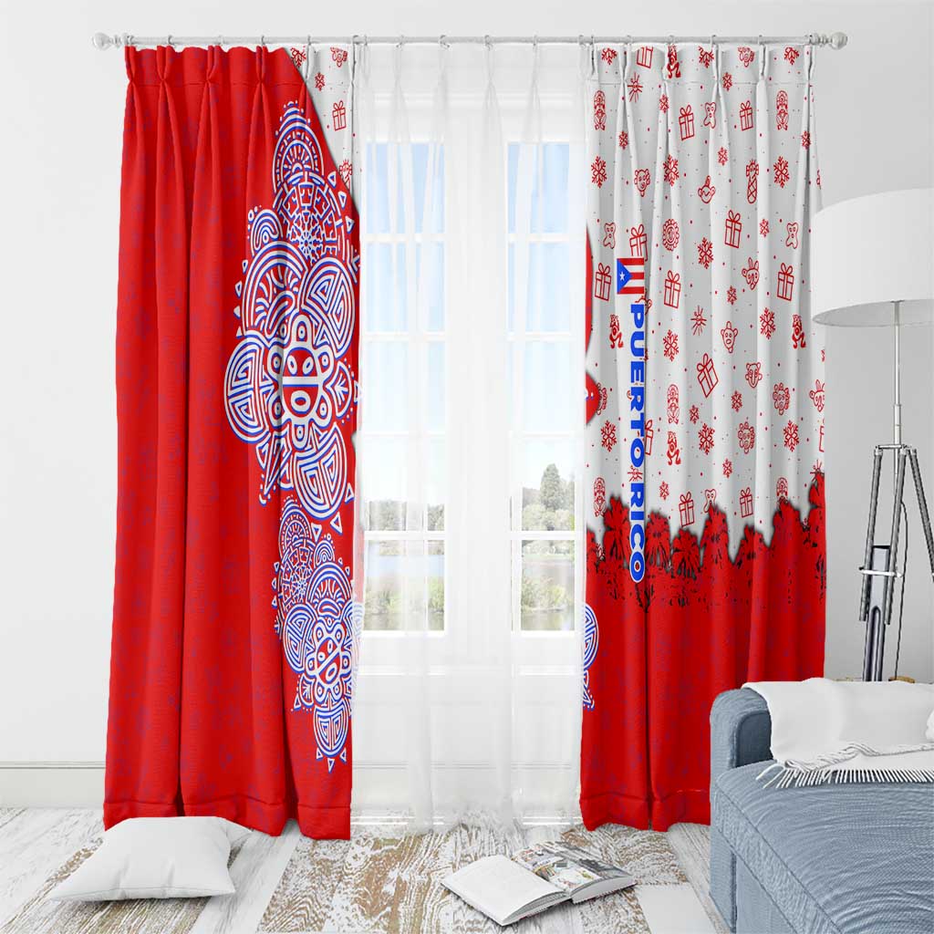 Puerto Rico Christmas Window Curtain with Taino Symbols Palm Tree Bongos and Holiday Pattern Design - Wonder Print Shop