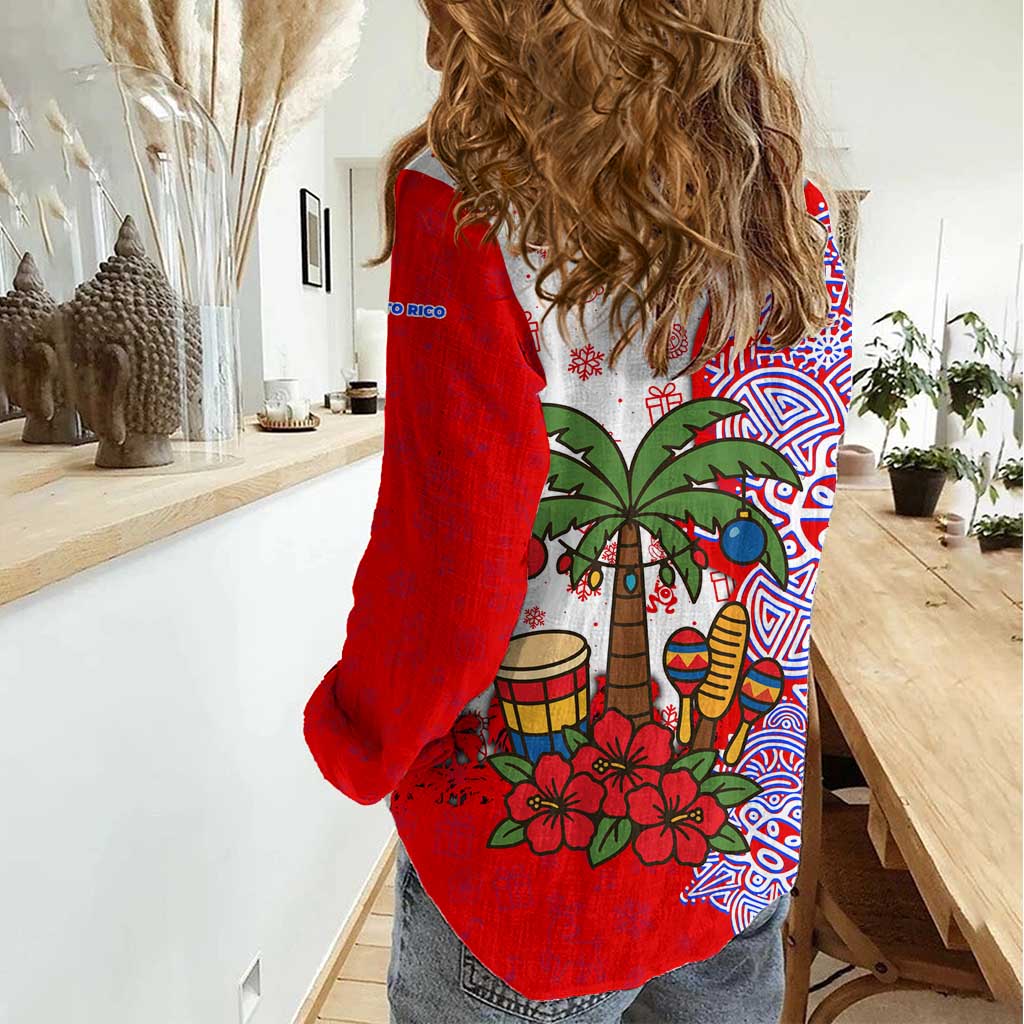 Puerto Rico Christmas Women Casual Shirt with Taino Symbols Palm Tree Bongos and Holiday Pattern Design - Wonder Print Shop
