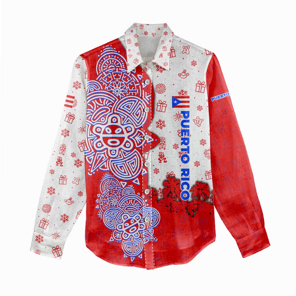 Puerto Rico Christmas Women Casual Shirt with Taino Symbols Palm Tree Bongos and Holiday Pattern Design - Wonder Print Shop
