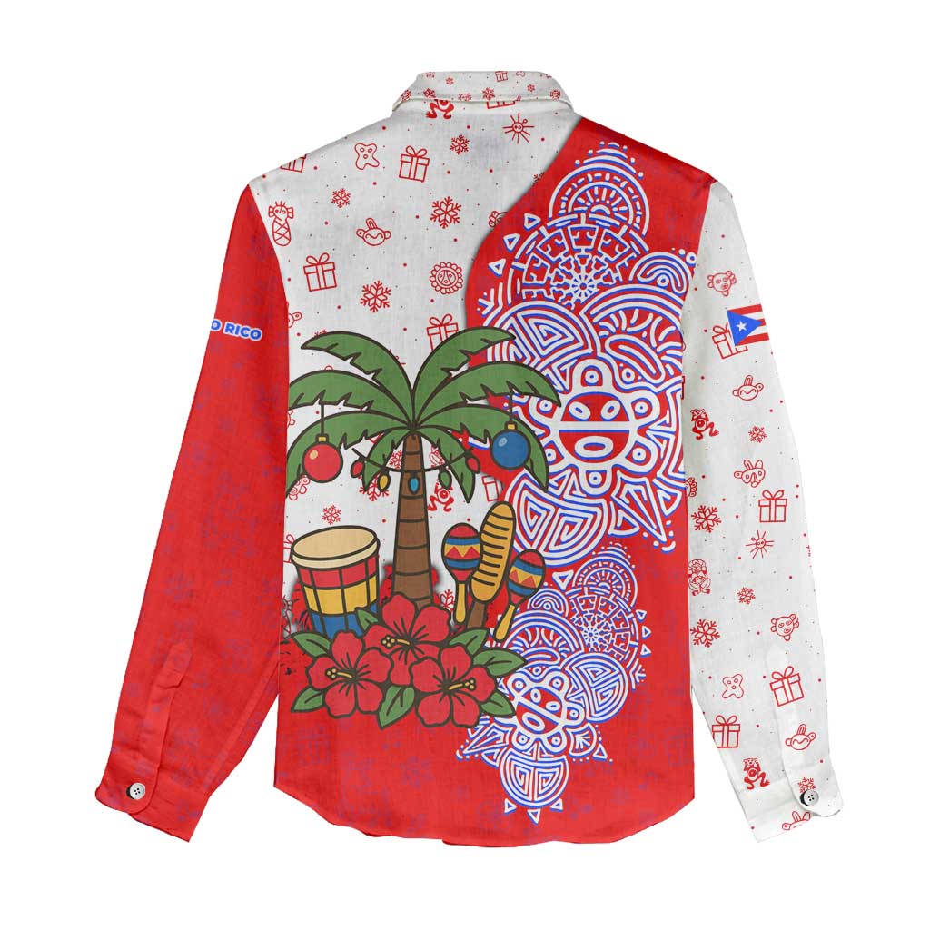 Puerto Rico Christmas Women Casual Shirt with Taino Symbols Palm Tree Bongos and Holiday Pattern Design - Wonder Print Shop