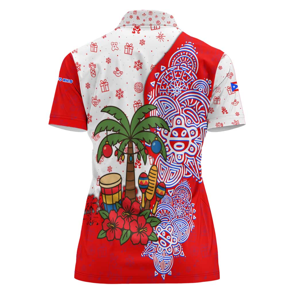 Puerto Rico Christmas Women Polo Shirt with Taino Symbols Palm Tree Bongos and Holiday Pattern Design - Wonder Print Shop