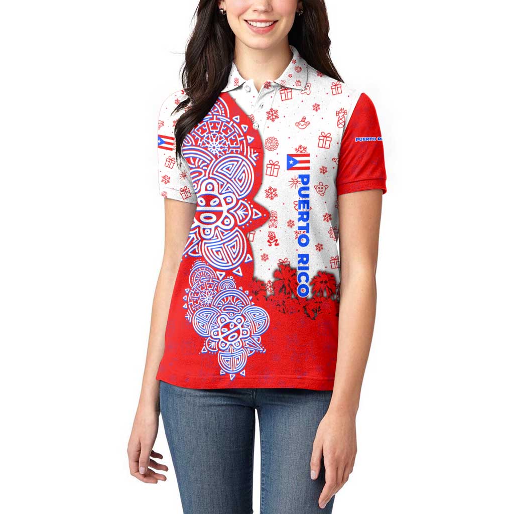 Puerto Rico Christmas Women Polo Shirt with Taino Symbols Palm Tree Bongos and Holiday Pattern Design - Wonder Print Shop