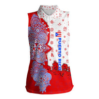 Puerto Rico Christmas Women Sleeveless Polo Shirt with Taino Symbols Palm Tree Bongos and Holiday Pattern Design - Wonder Print Shop
