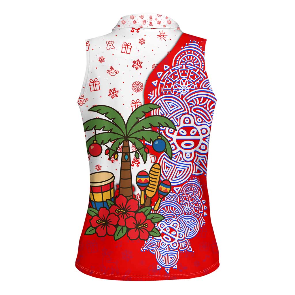 Puerto Rico Christmas Women Sleeveless Polo Shirt with Taino Symbols Palm Tree Bongos and Holiday Pattern Design - Wonder Print Shop