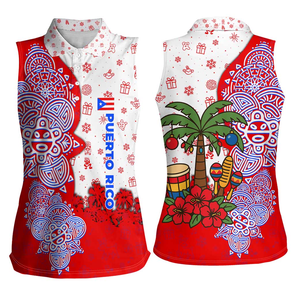 Puerto Rico Christmas Women Sleeveless Polo Shirt with Taino Symbols Palm Tree Bongos and Holiday Pattern Design - Wonder Print Shop