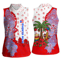 Puerto Rico Christmas Women Sleeveless Polo Shirt with Taino Symbols Palm Tree Bongos and Holiday Pattern Design - Wonder Print Shop